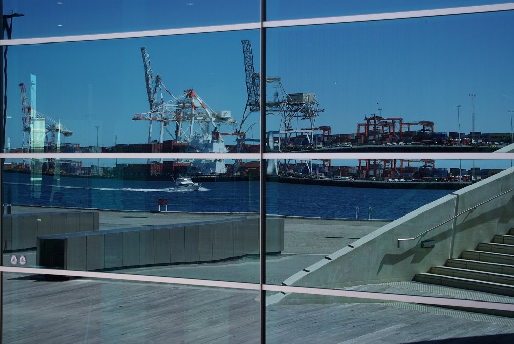 PXK10D_2365.JPG - Container port reflected in window of Maritime Museum, Fremantle, Western Australia